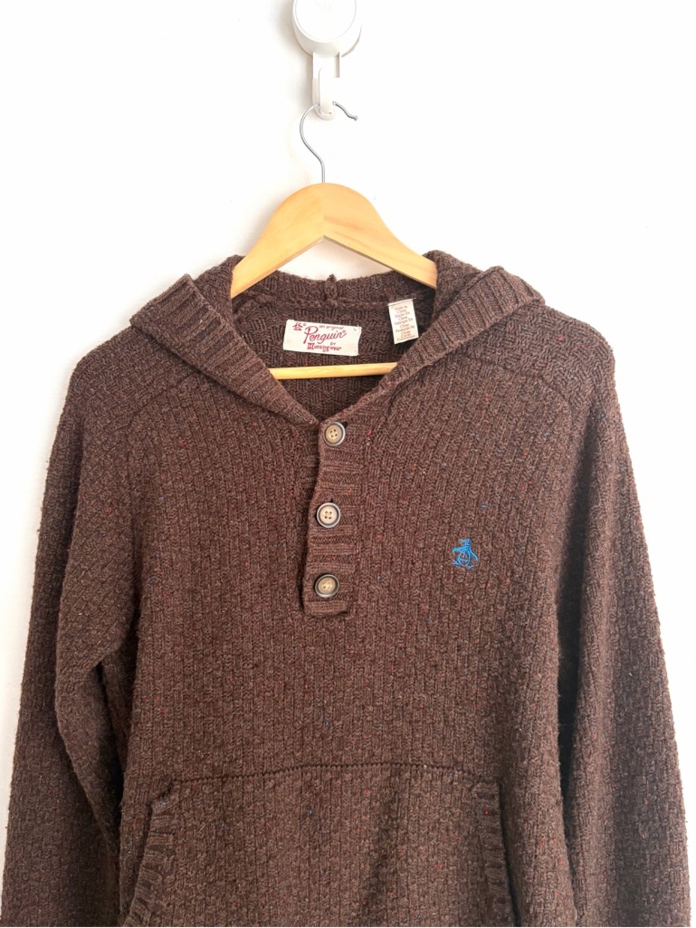 Vintage 90s - Textured Knit Hoodie Sweater - Penguin Munsingwear - Size L - Picture 2 of 6